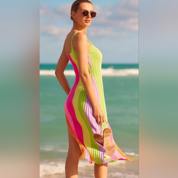 Anthropologie x PQ Swim Piper Colorful Striped Midi Slit Dress - Picture 3 of 3